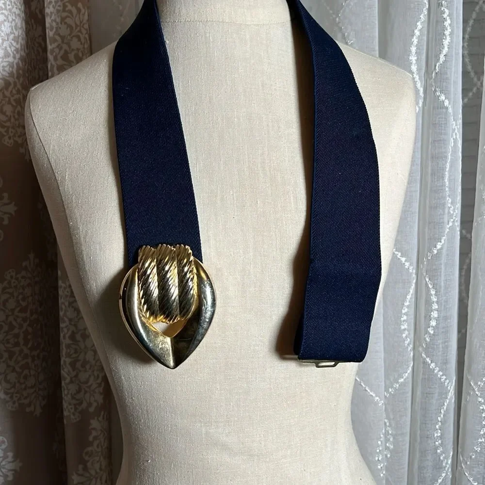 Vintage navy  Elastic Stretch Belt with metal gold buckle
